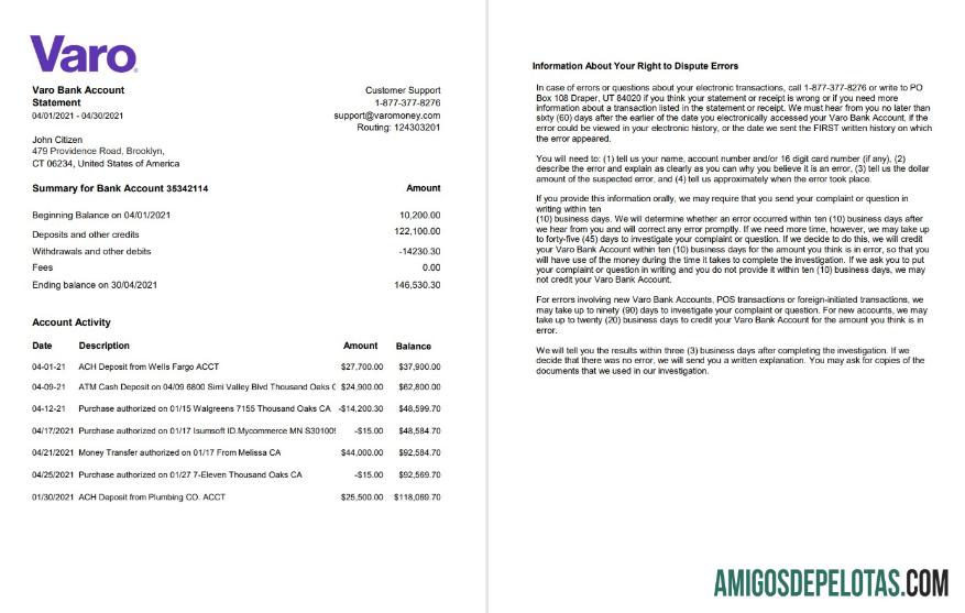 Modelo de extrato bancário Varo dos EUA para download em formato Excel e PDF (2 páginas)